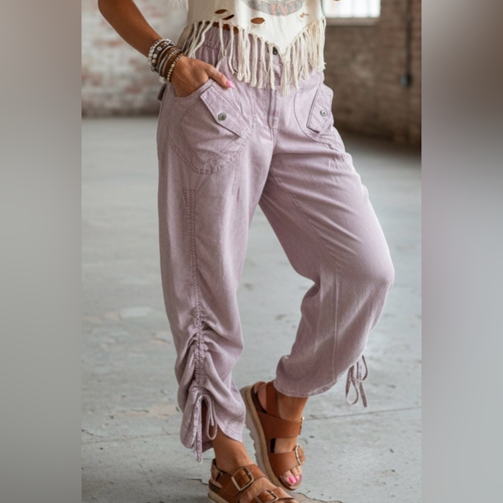 NWT Bluevelvet Cargo Pocket Tencel Side Ruched Mauve Cropped Pants - Picture 10 of 10